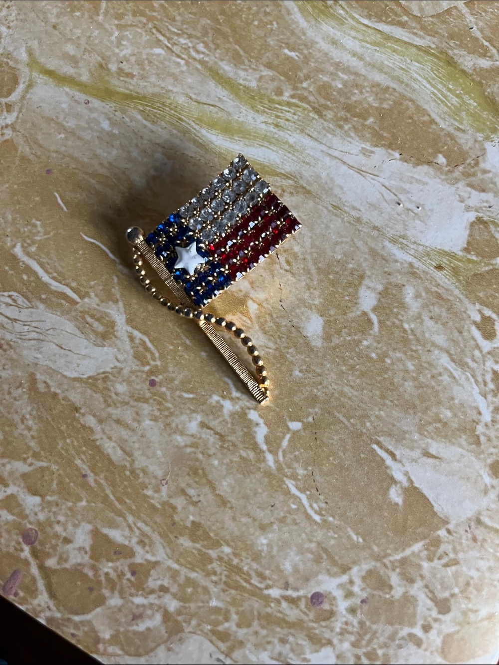 Gold-Tone Patriotic Crystal Flag Brooch - Red, White & Blue